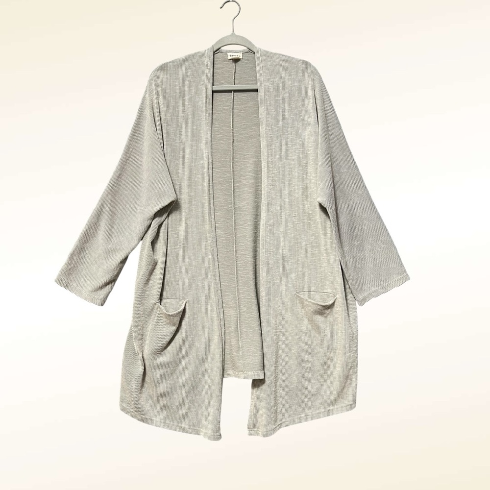 DONNI. Ribbed Longline Gray Cardigan Open Front Oversized Layer Casual Pockets